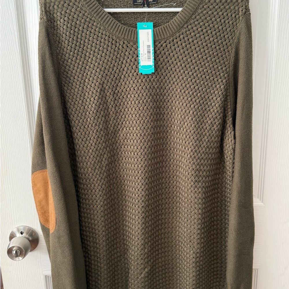 Olive Green Sweater with Tan Elbow Patches